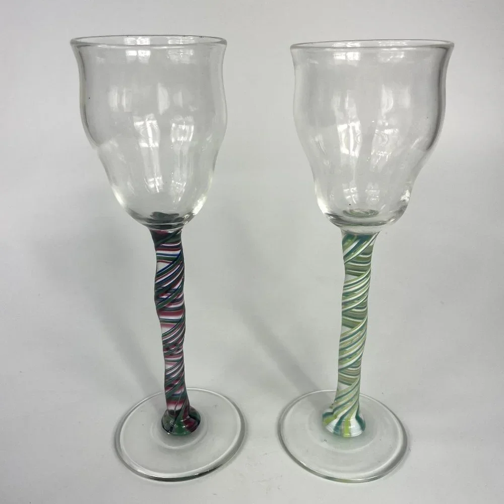 Art Glass Liquor Glass Swirl Stem Glasses Signed set of 2